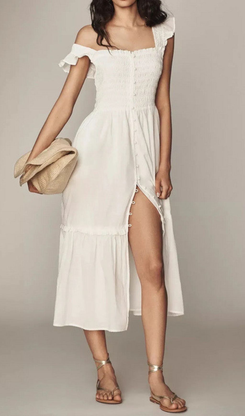 Fahari White Smocked Off-Shoulder Midi Dress