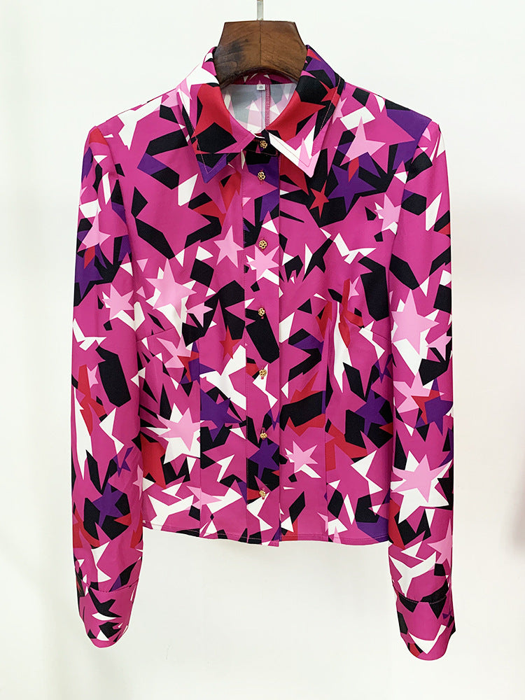 Vibrant Star-Print Long Sleeve Button-Up Shirt