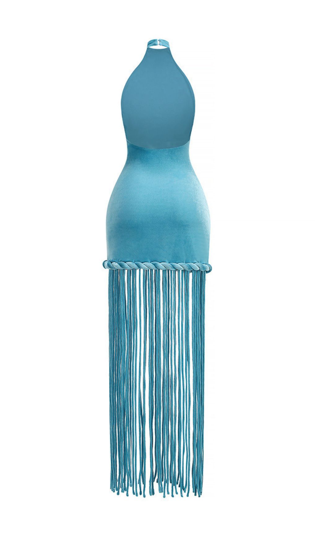 Jamie Dazzling Blue Velvet Halter Fringe Maxi Dress