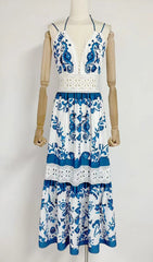 Estela Boho V-Neck Printed Maxi Dress with Lace Trim