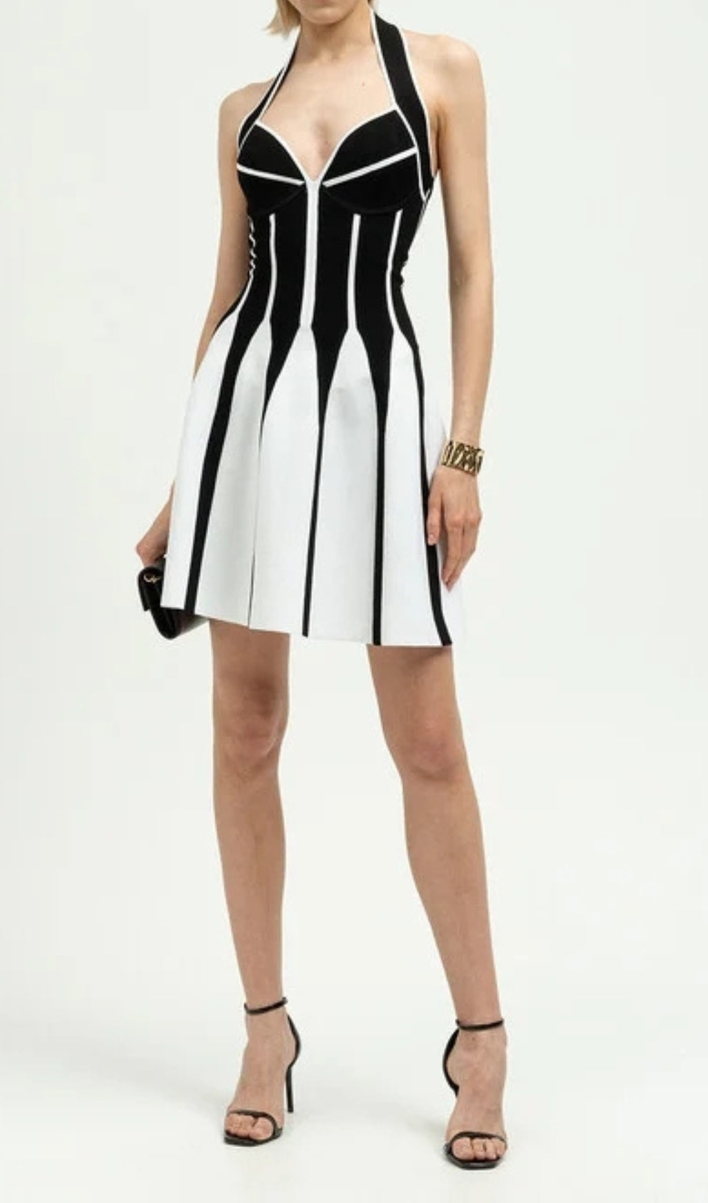 Chic Black & White Halter Mini Dress
