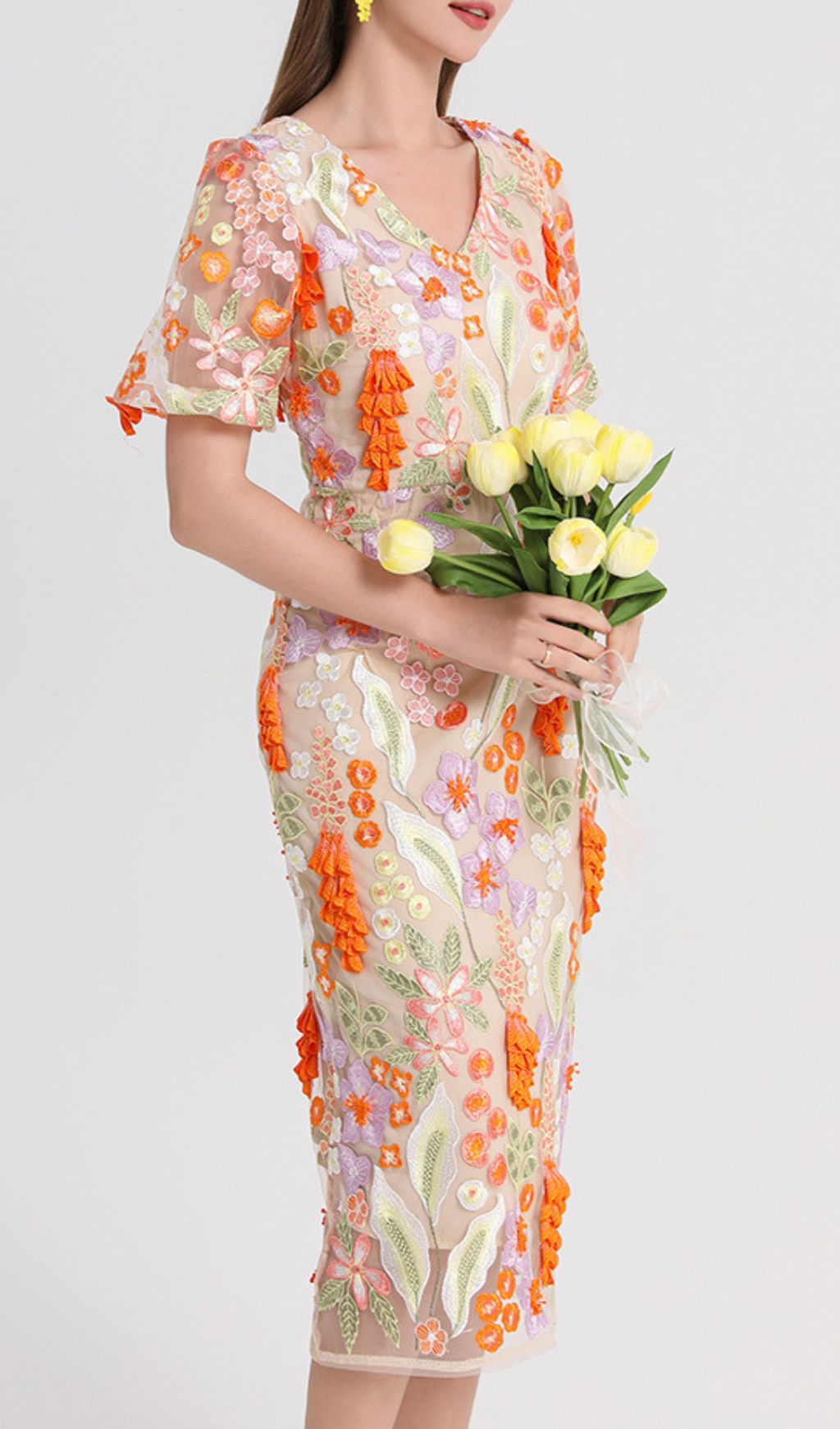 FUJIYE Elegant Floral Embroidery V-Neck Midi Dress