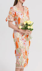 FUJIYE Elegant Floral Embroidery V-Neck Midi Dress