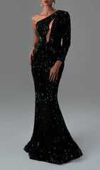 Glamorous Black Sequin One-Shoulder Mermaid Maxi Dress