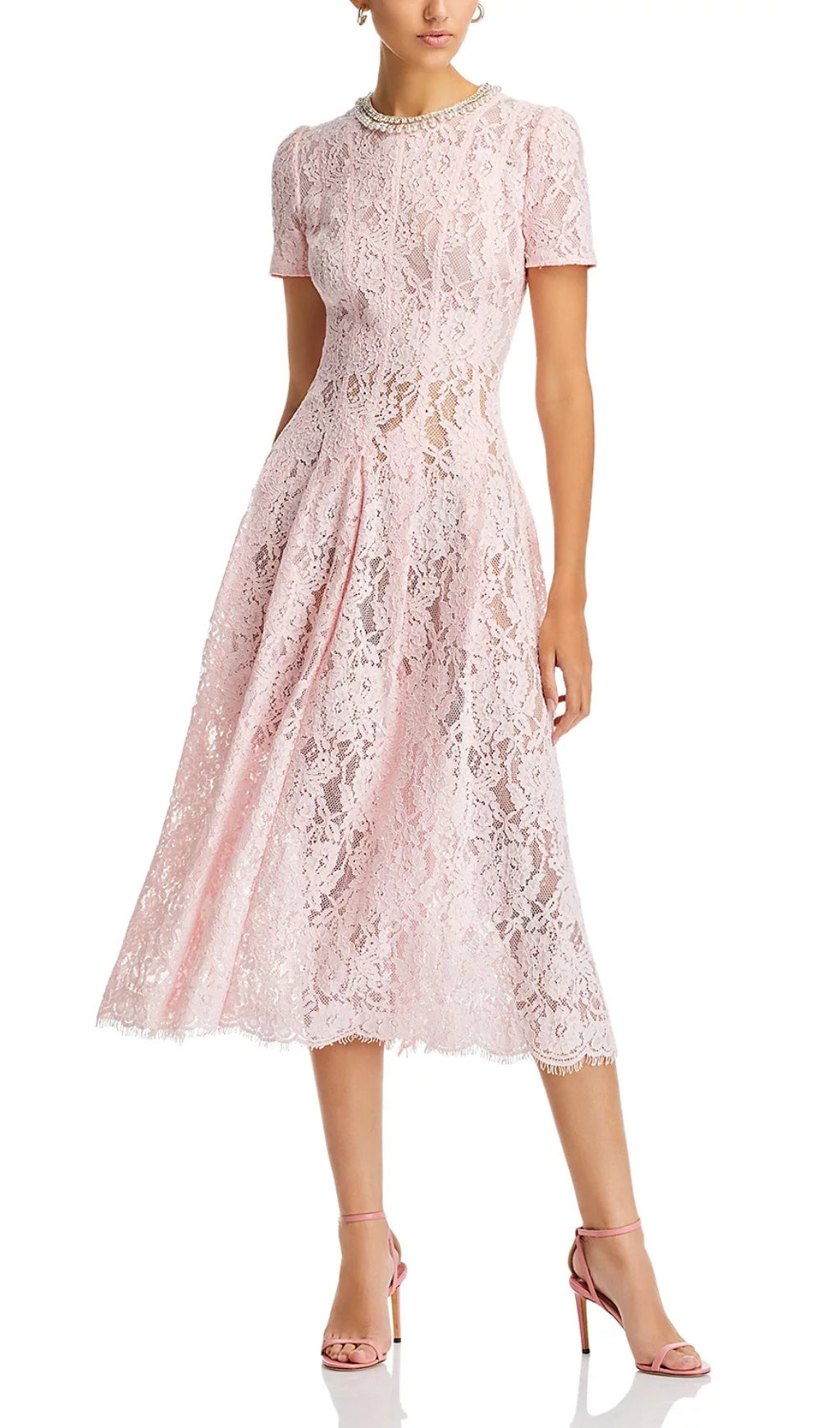 Elegant Pink Lace Embellished Fit-and-Flare Midi Dress