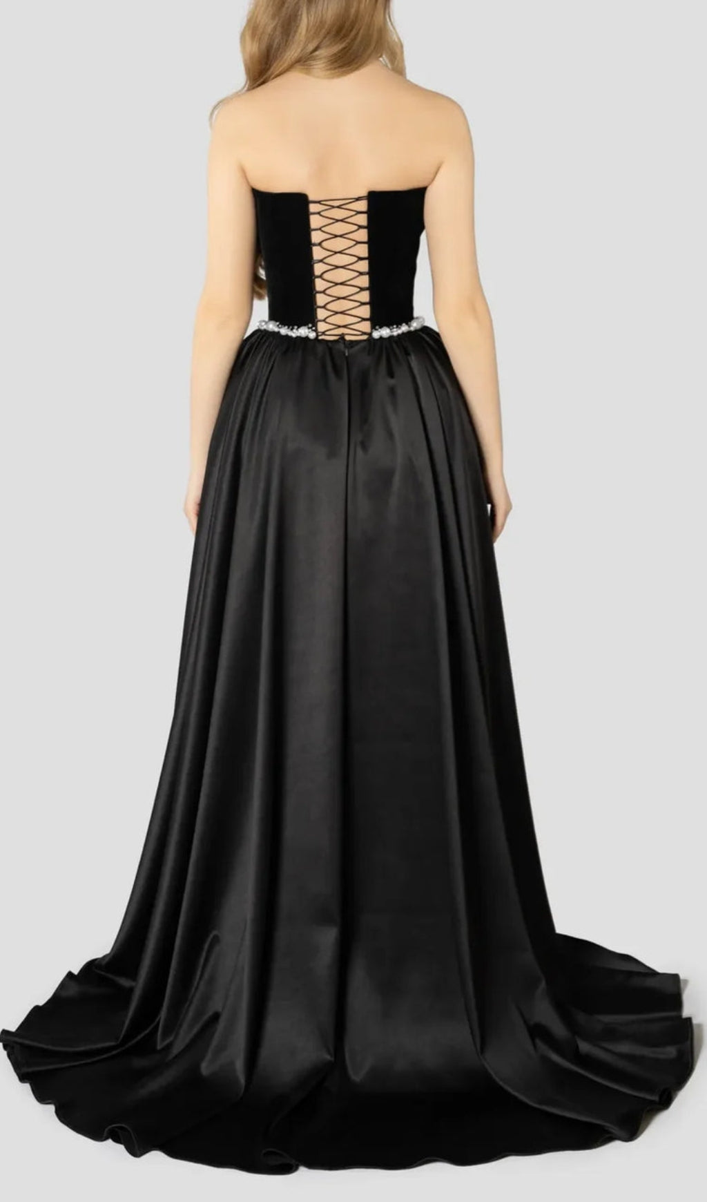 Diva Black Velvet & Satin Strapless Formal Gown with Pearl Embellishments