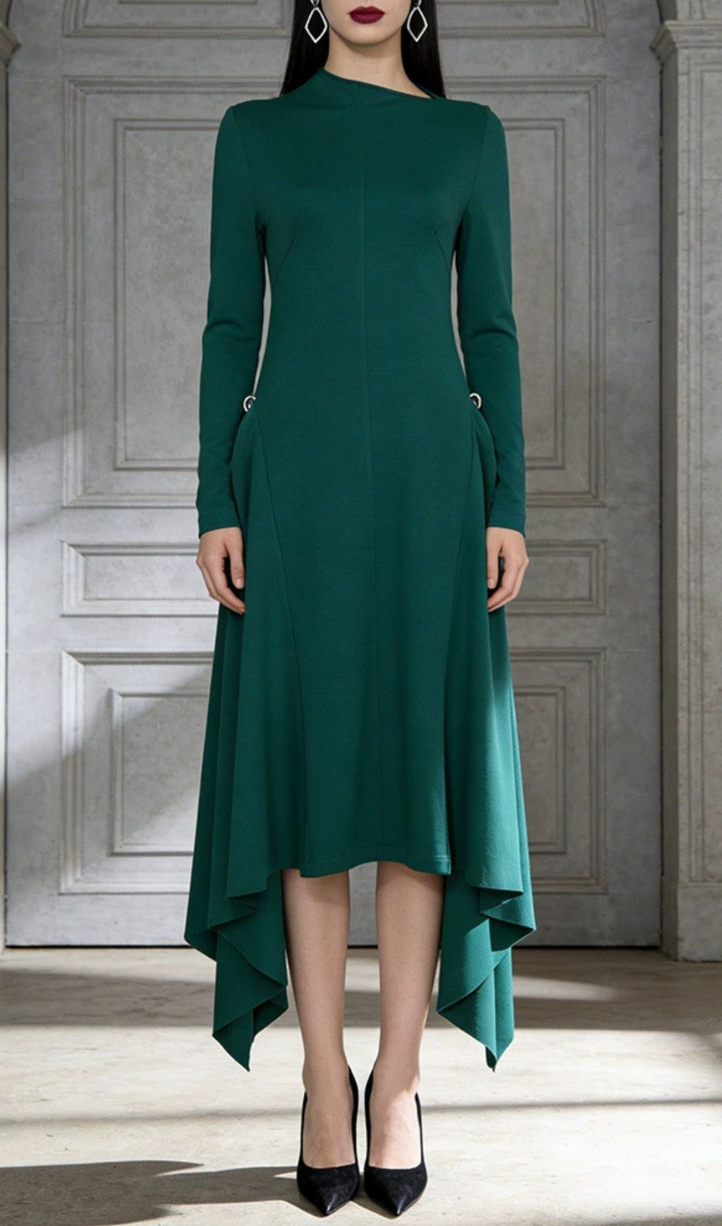 Johnna Emerald Green Asymmetrical Midi Dress