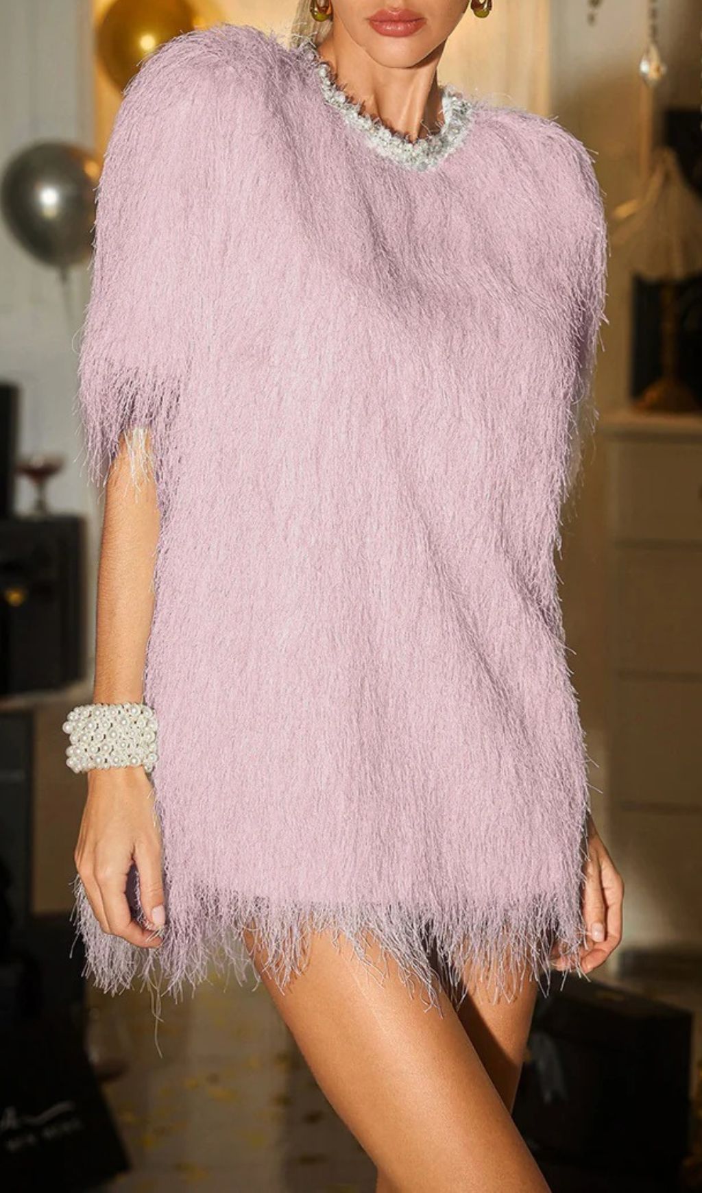 Celena Dazzling Pink Pearl Fringe Mini Dress