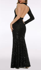 Ashkan Black Sequin One-Shoulder Long Sleeve Maxi Dress