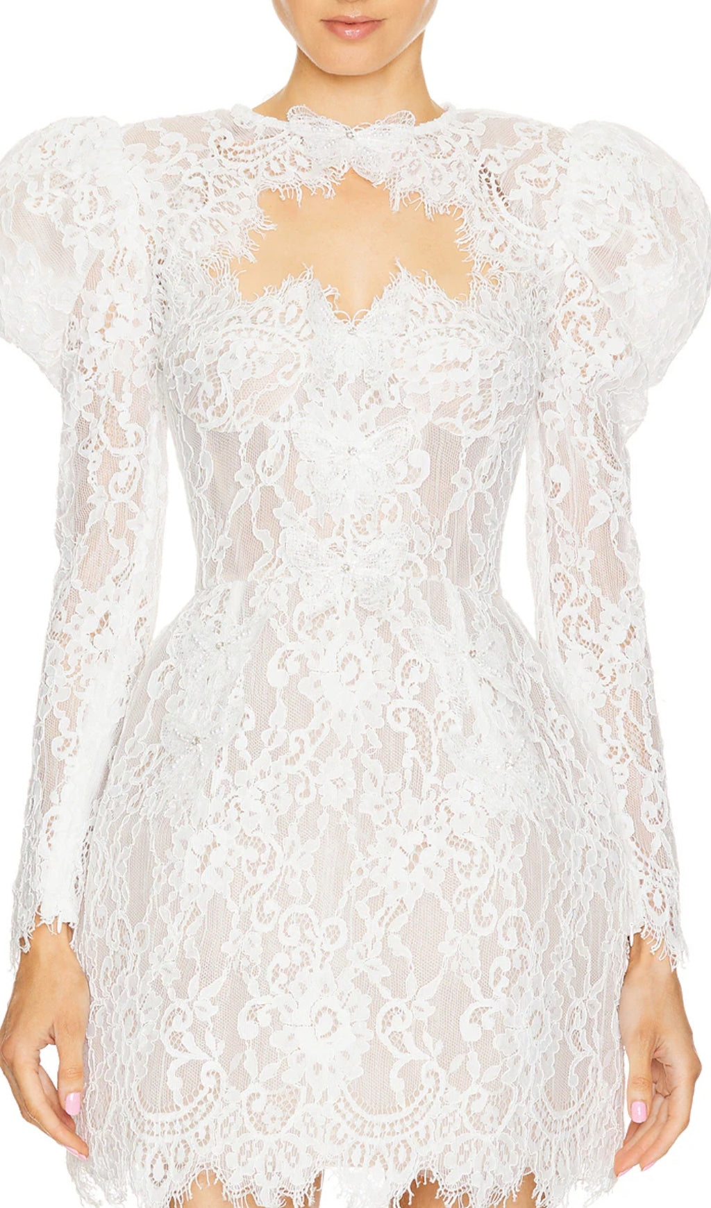 Beltran White Butterfly Lace Mini Dress with Statement Puff Sleeves