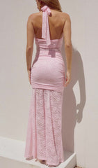 Fusayo Blush Pink Halter Ruched Lace Maxi Dress with Slit