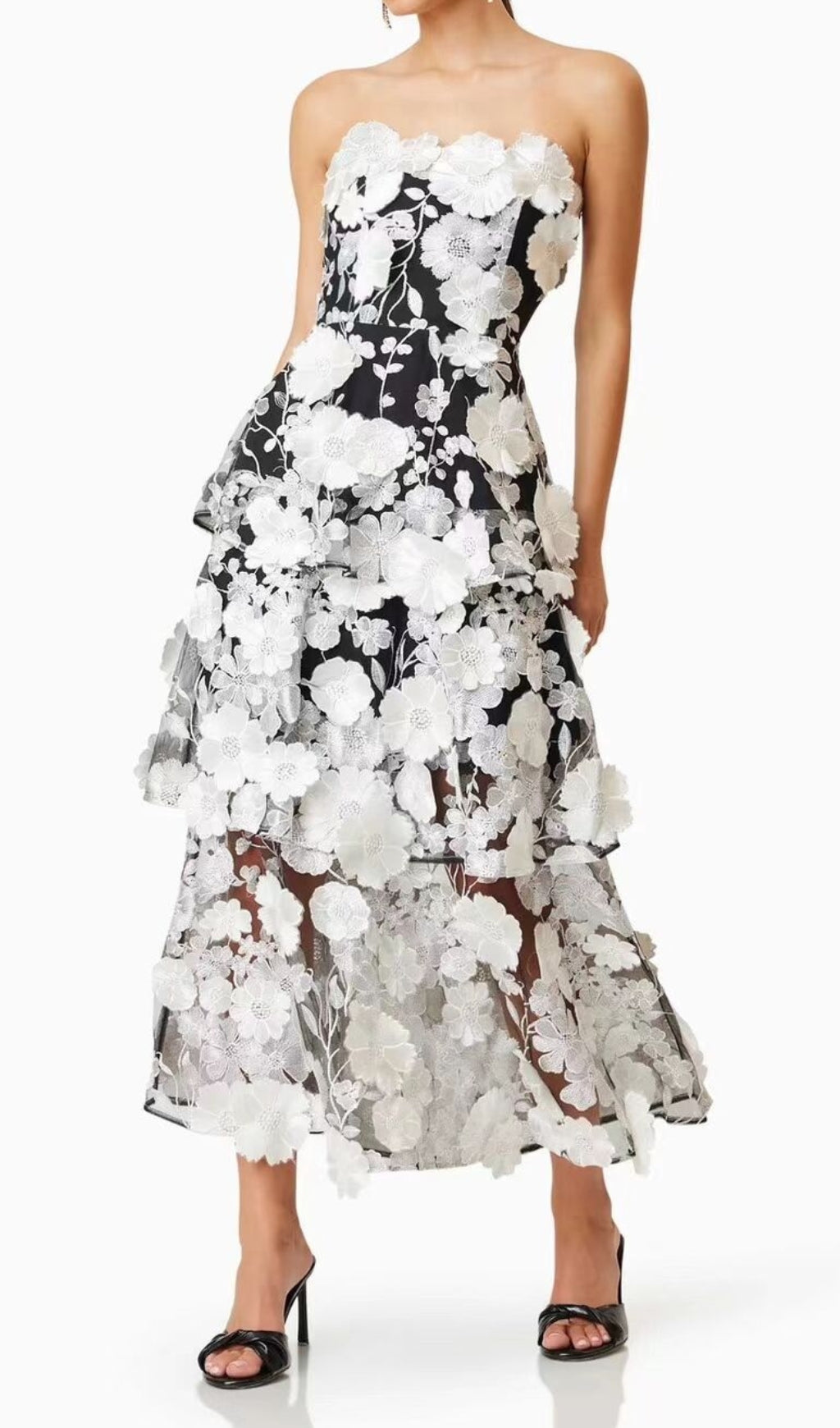 Dreamy 3D Floral Tiered Strapless Midi Dress