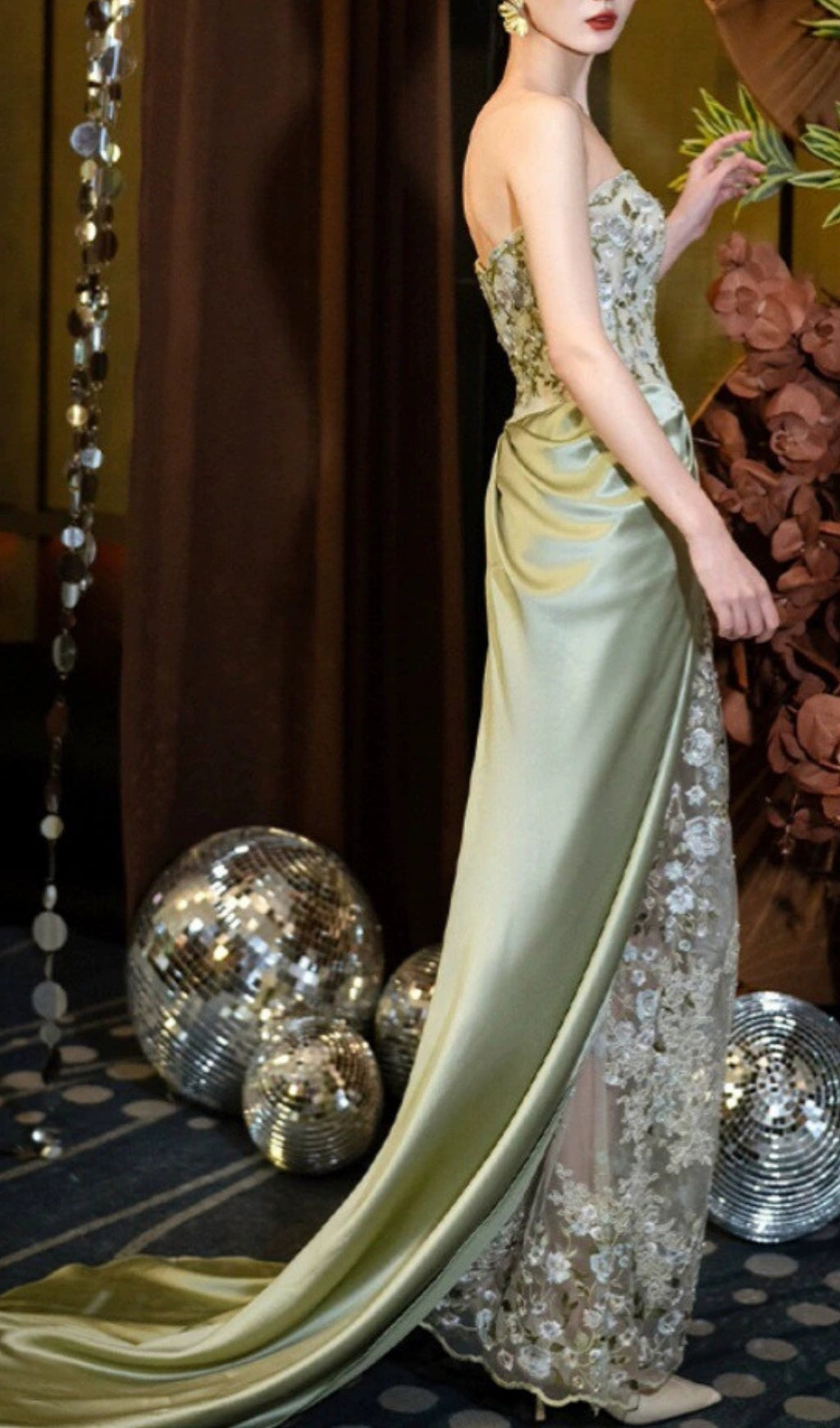 Ellianna Luxe Sage Green Floral Embroidered Strapless Maxi Dress