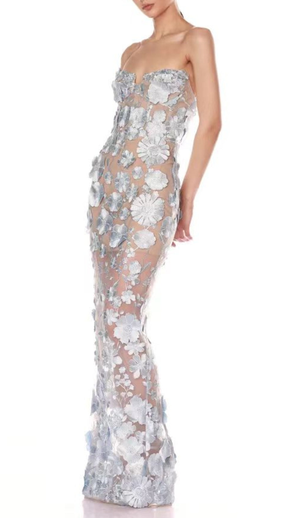 Decla Blue Enchanting 3D Floral Illusion Maxi Gown