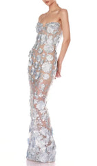 Decla Blue Enchanting 3D Floral Illusion Maxi Gown