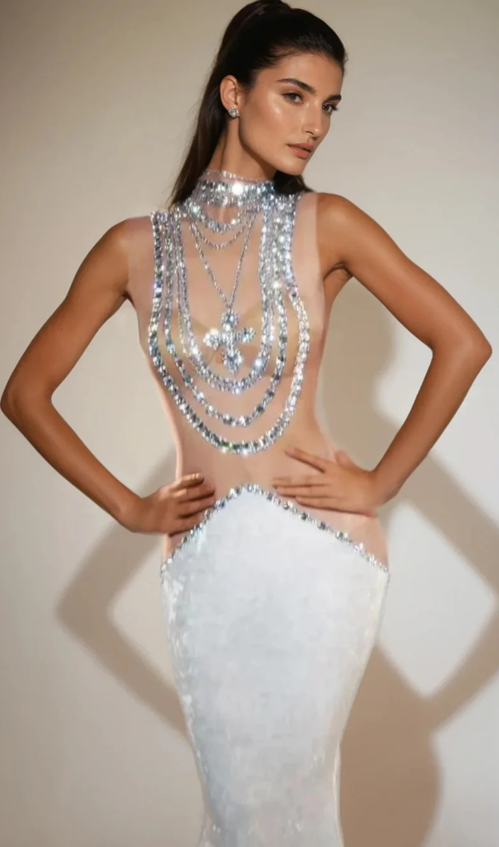 Shelyn Dazzling White Velvet Mermaid Gown with Illusion Rhinestone Neckline