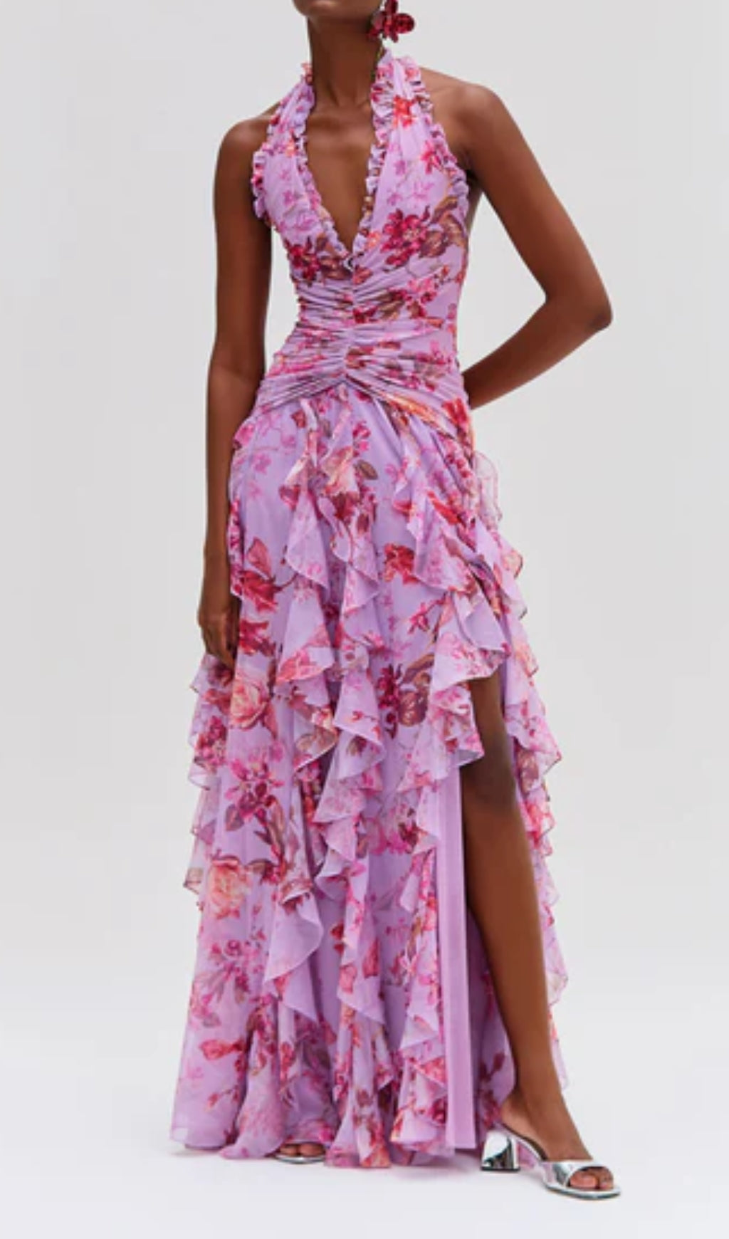 Delicah Enchanting Lavender Pink Floral Ruffle Halter Maxi Dress