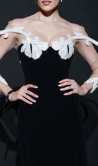 Carezza Glamour Mesh Floral Embellished Black Midi Dress