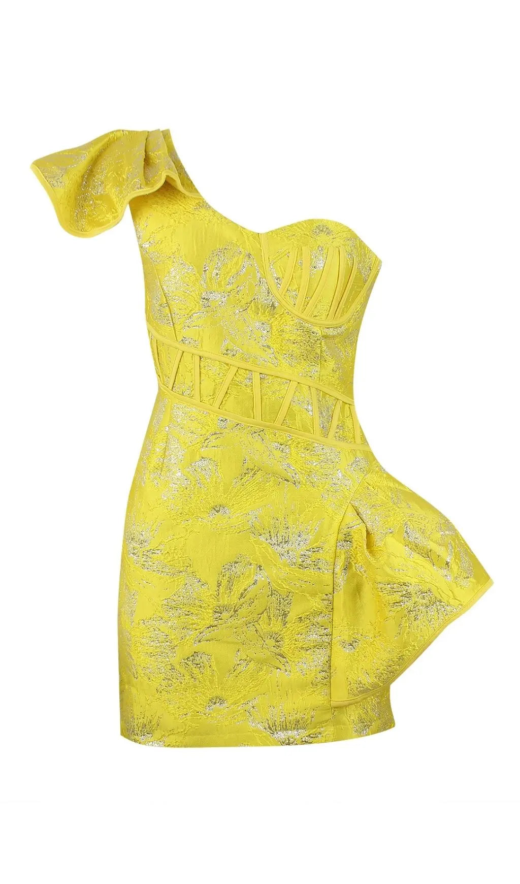 Radiant Yellow Jacquard One-Shoulder Mini Dress