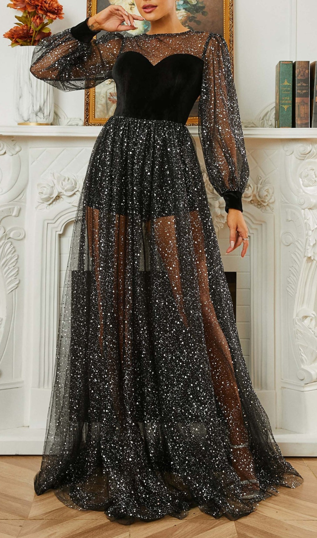 Catlyn Black Glitter Mesh Sweetheart Maxi Dress with Velvet Bodice