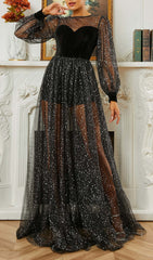 Catlyn Black Glitter Mesh Sweetheart Maxi Dress with Velvet Bodice