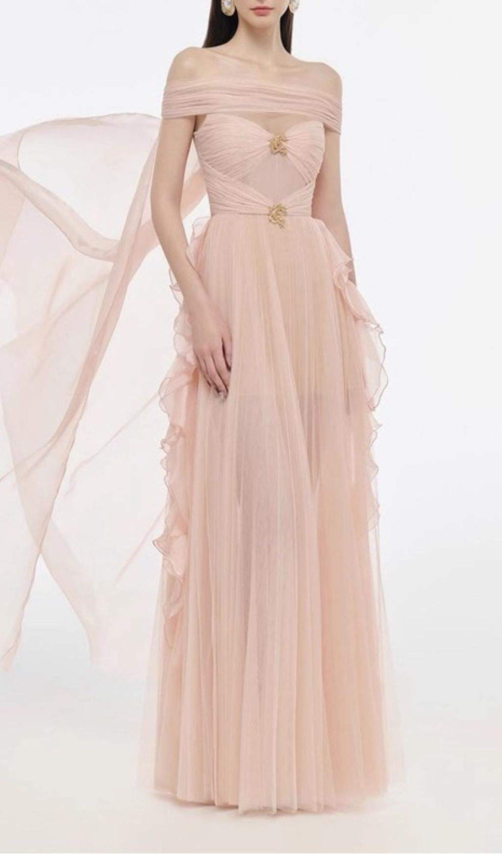 Johanna Off-Shoulder Mesh Ruffle Maxi Gown