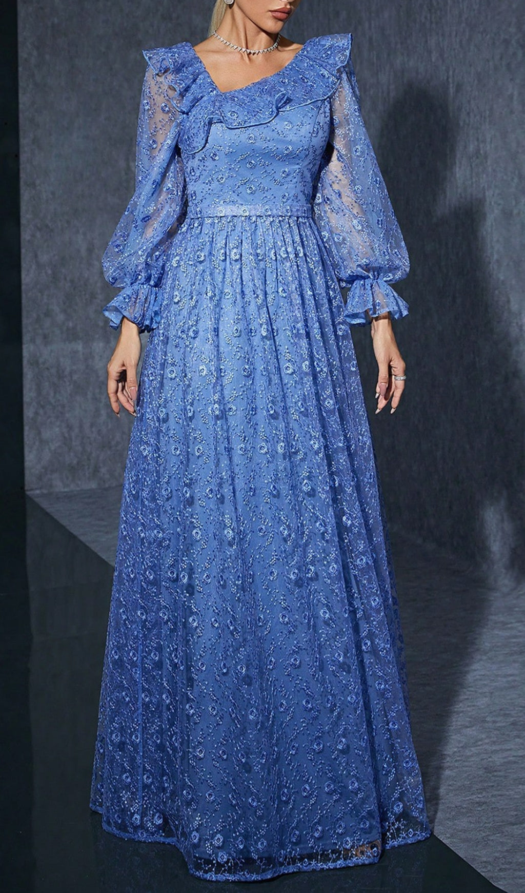 Enchanting Blue Floral Embroidered Maxi Dress