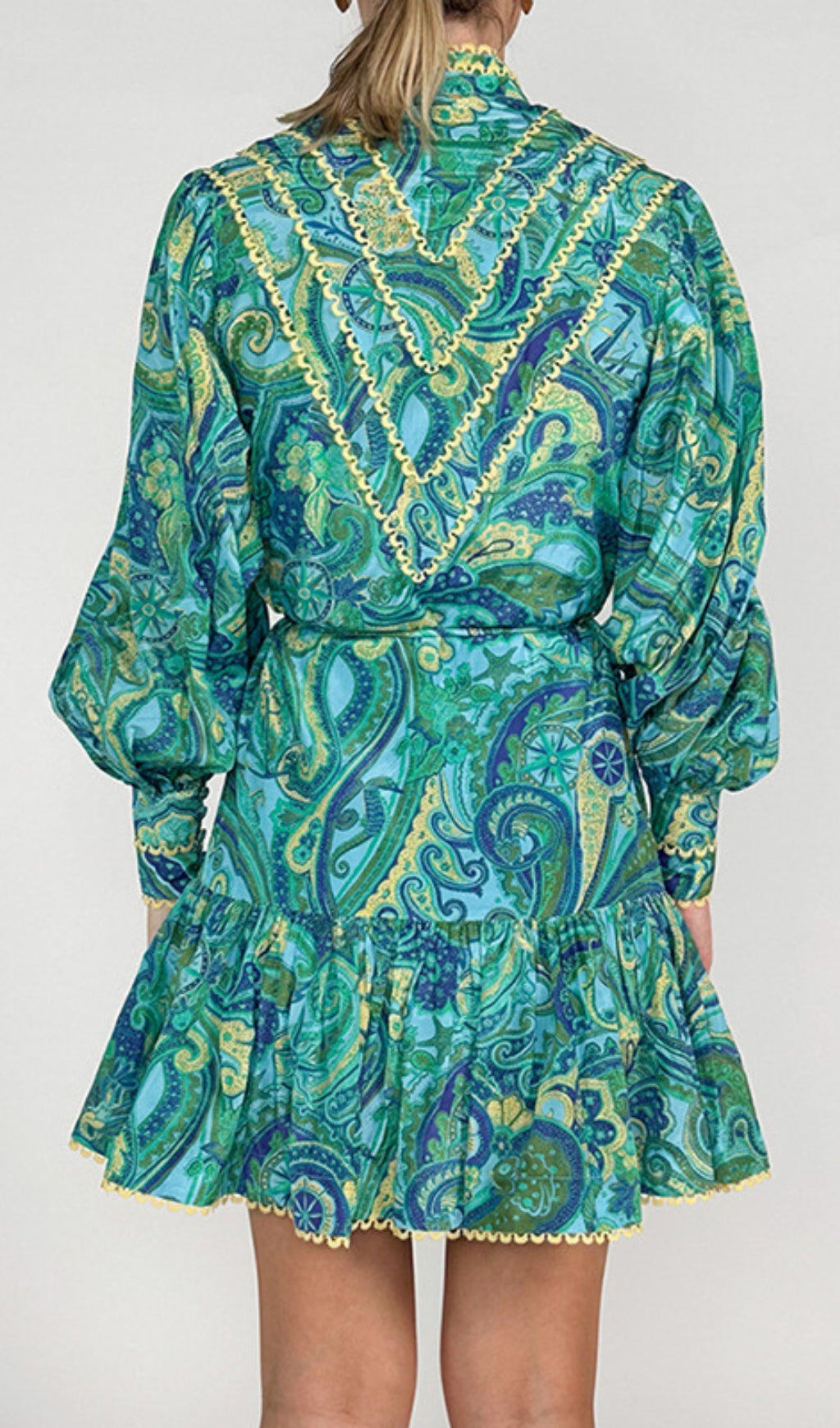 Vibrant Paisley Ruffle Long Sleeve Mini Dress