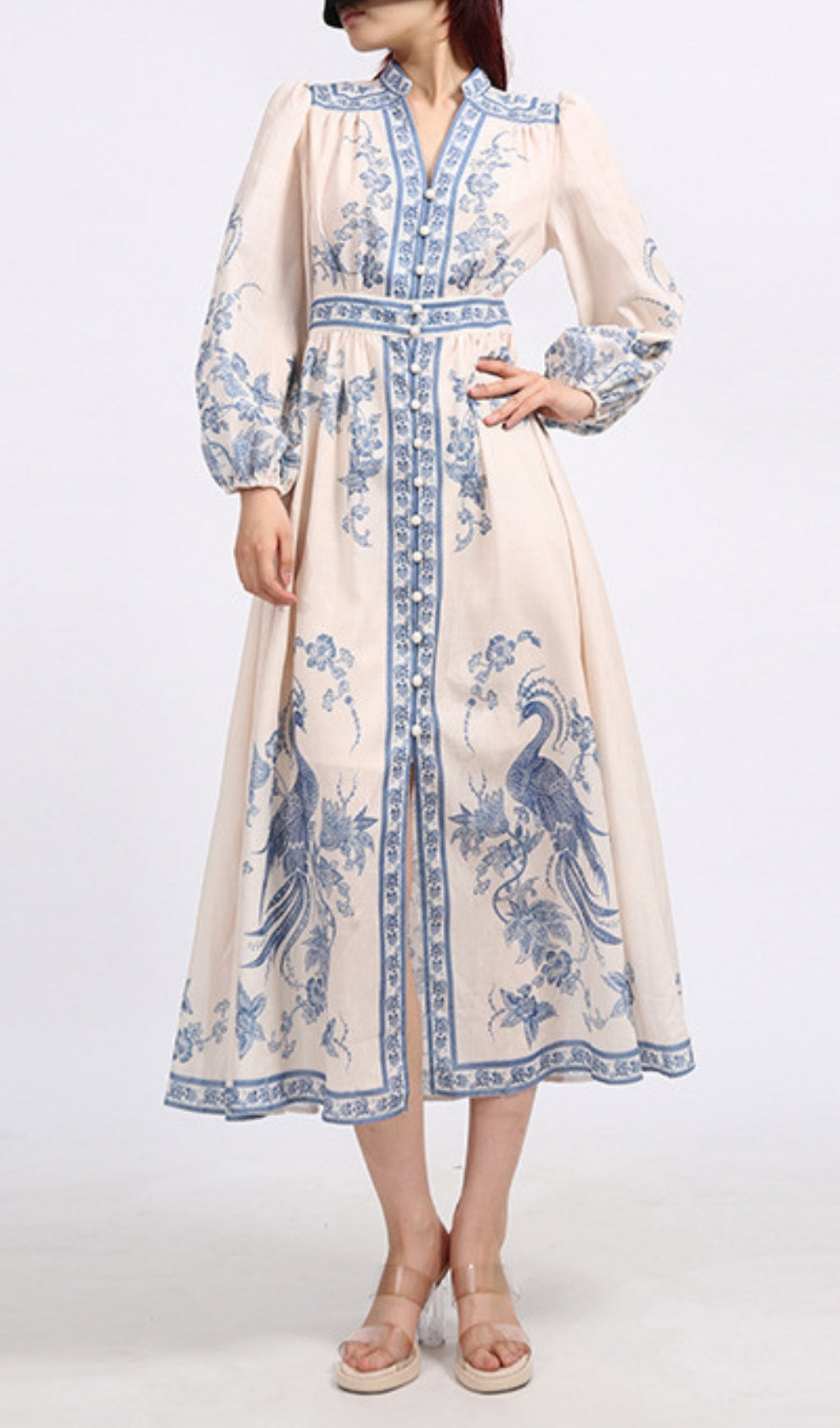 Emilee Chic Blue & White Porcelain Print Midi Dress