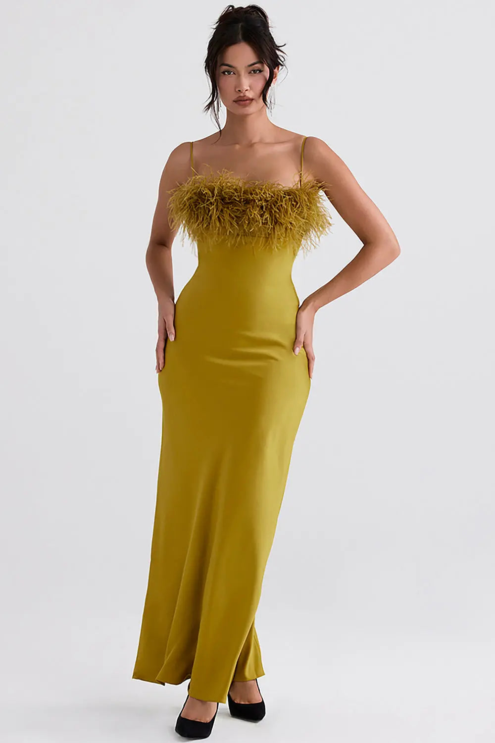 Glamorous Chartreuse Feather-Trim Strappy Maxi Dress