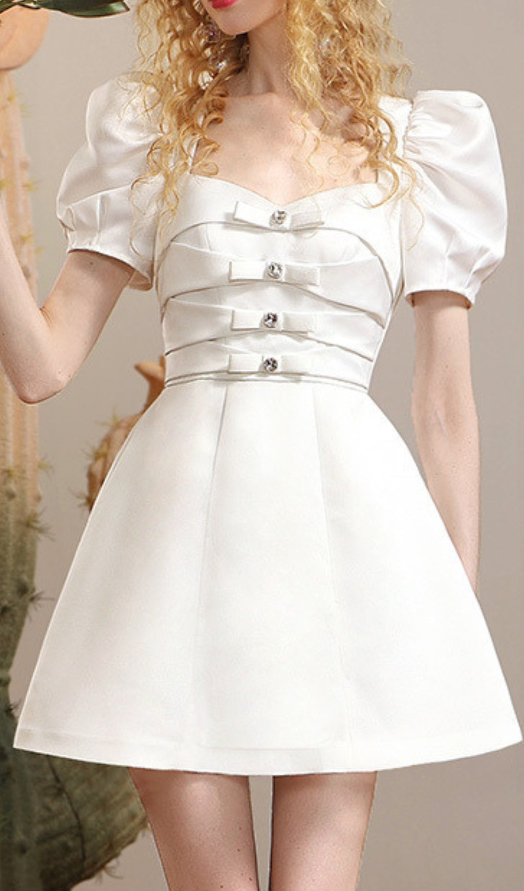 Conal White Sweetheart Bow Puff Sleeve Mini Dress