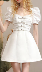 Conal White Sweetheart Bow Puff Sleeve Mini Dress