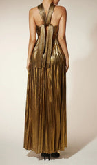 Frazilia Glam Gold Pleated Halter Cutout Maxi Dress