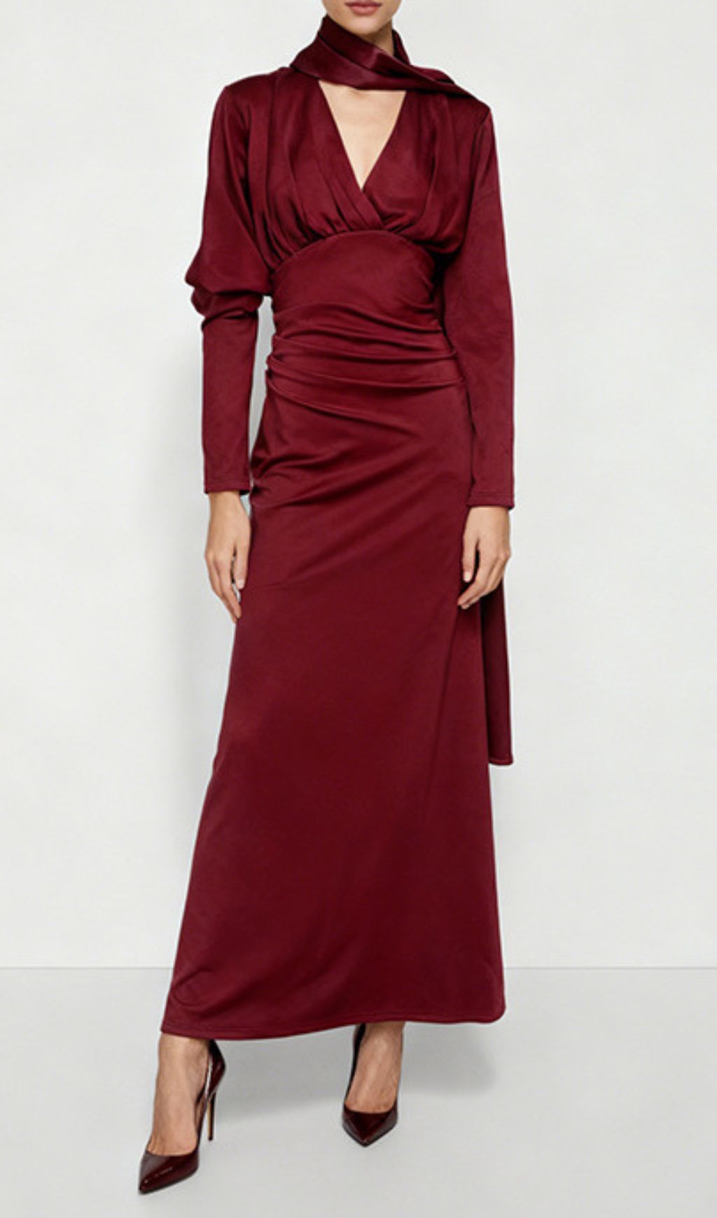 Jaana Elegant V-Neck Satin Long Sleeve Maxi Dress