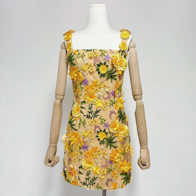Fyodor Blush Bloom Floral Embroidery Strappy Mini Dress