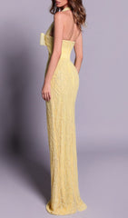 Jermaine Yellow Halter Bow Beaded Maxi Gown