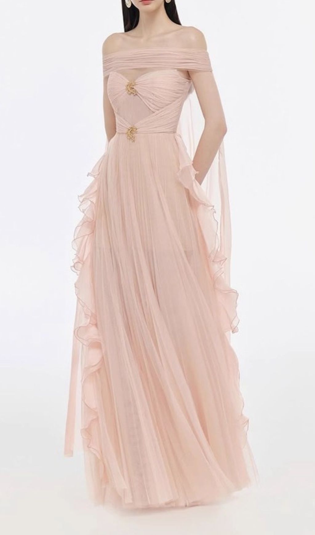 Johanna Off-Shoulder Mesh Ruffle Maxi Gown