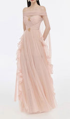 Johanna Off-Shoulder Mesh Ruffle Maxi Gown