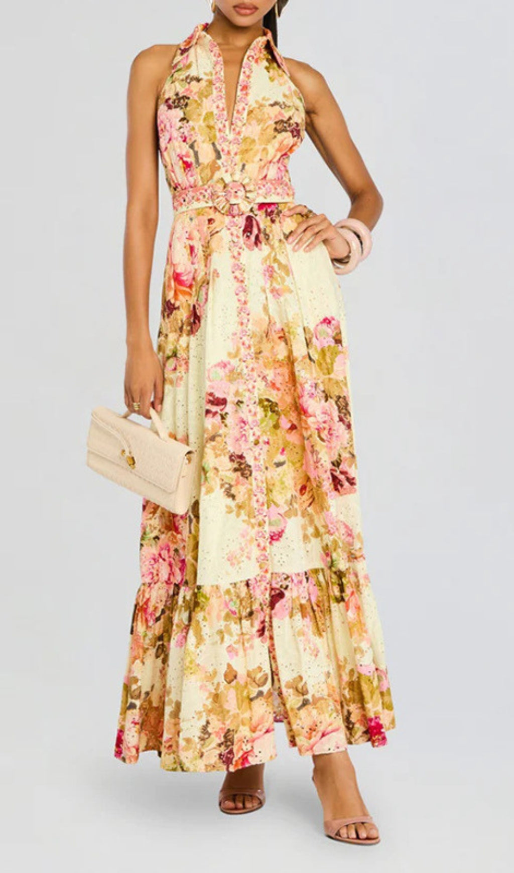 Derval Elegant Floral Halter Maxi Dress for Women