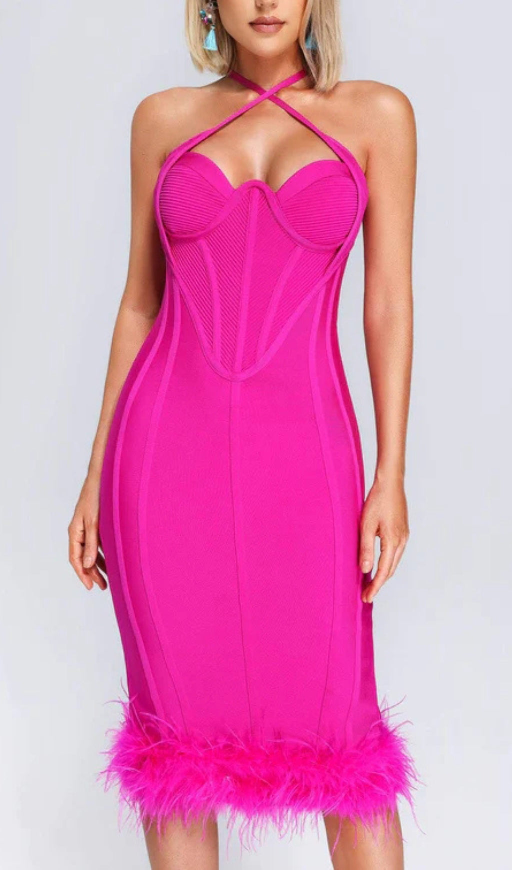 Glamorous Fuchsia Ostrich Feather Halter Neck Backless Bodycon Midi Dress