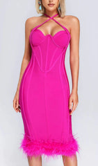 Glamorous Fuchsia Ostrich Feather Halter Neck Backless Bodycon Midi Dress