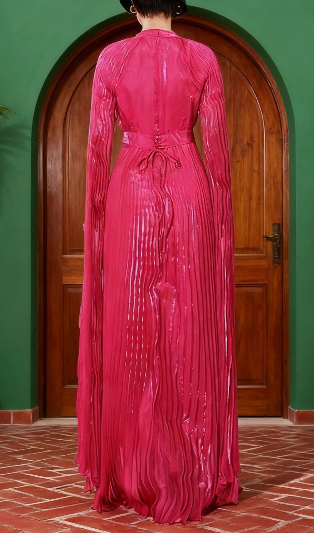 Hodaya Vibrant Pink Pleated Long Sleeve Maxi Dress