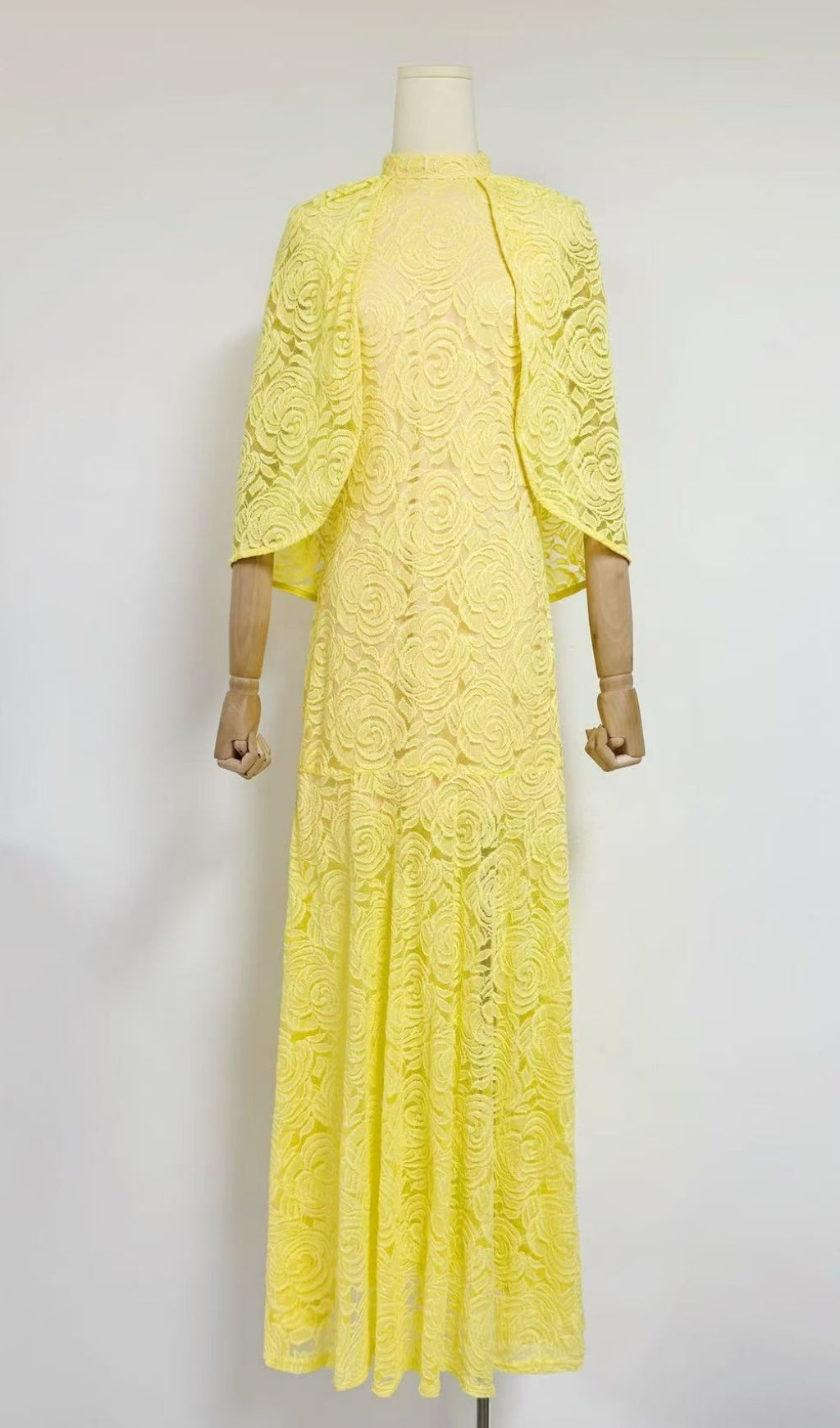 Earla Yellow Rose Lace Cloak Sleeve Maxi Gown