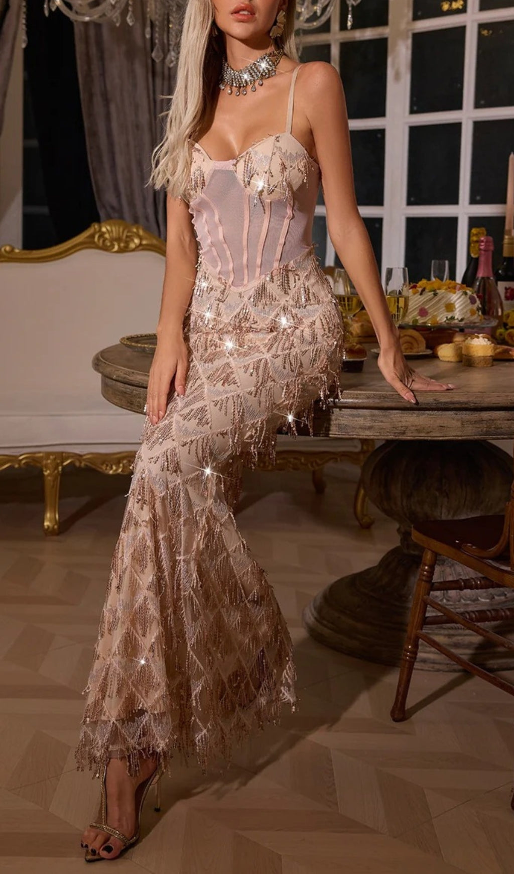 Dazzling Apricot Sequin Fringe Maxi Dress