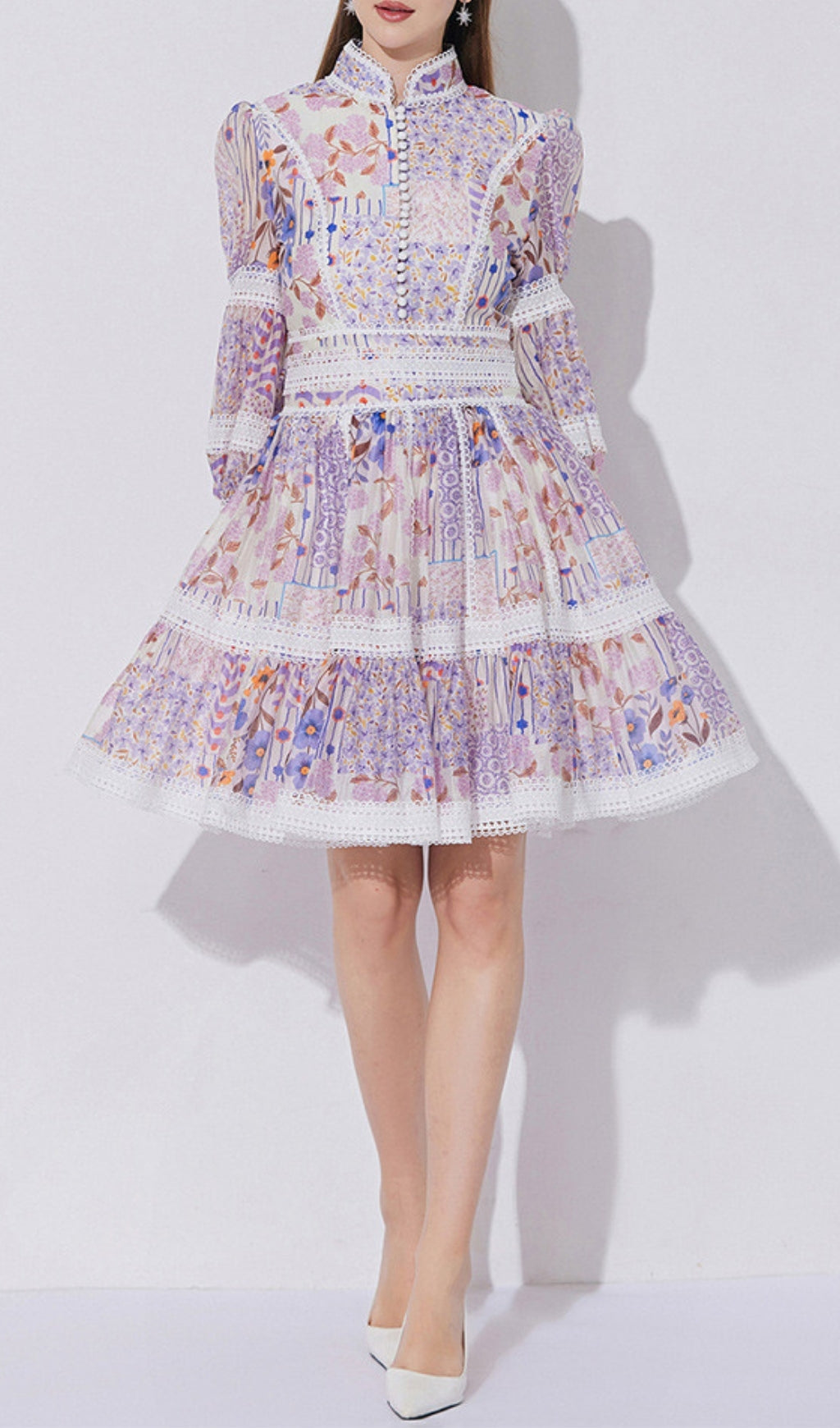 Erla Romantic Purple Floral Tiered Mini Dress