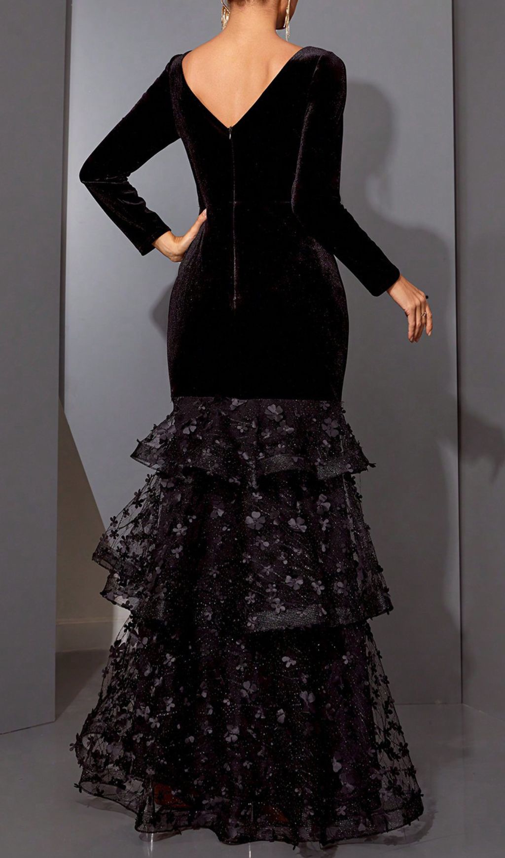 Hermine Black Velvet & Floral Mesh Long Sleeve Mermaid Evening Gown