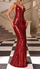 Irka Dazzling Red Sequin Strappy High Slit Maxi Dress