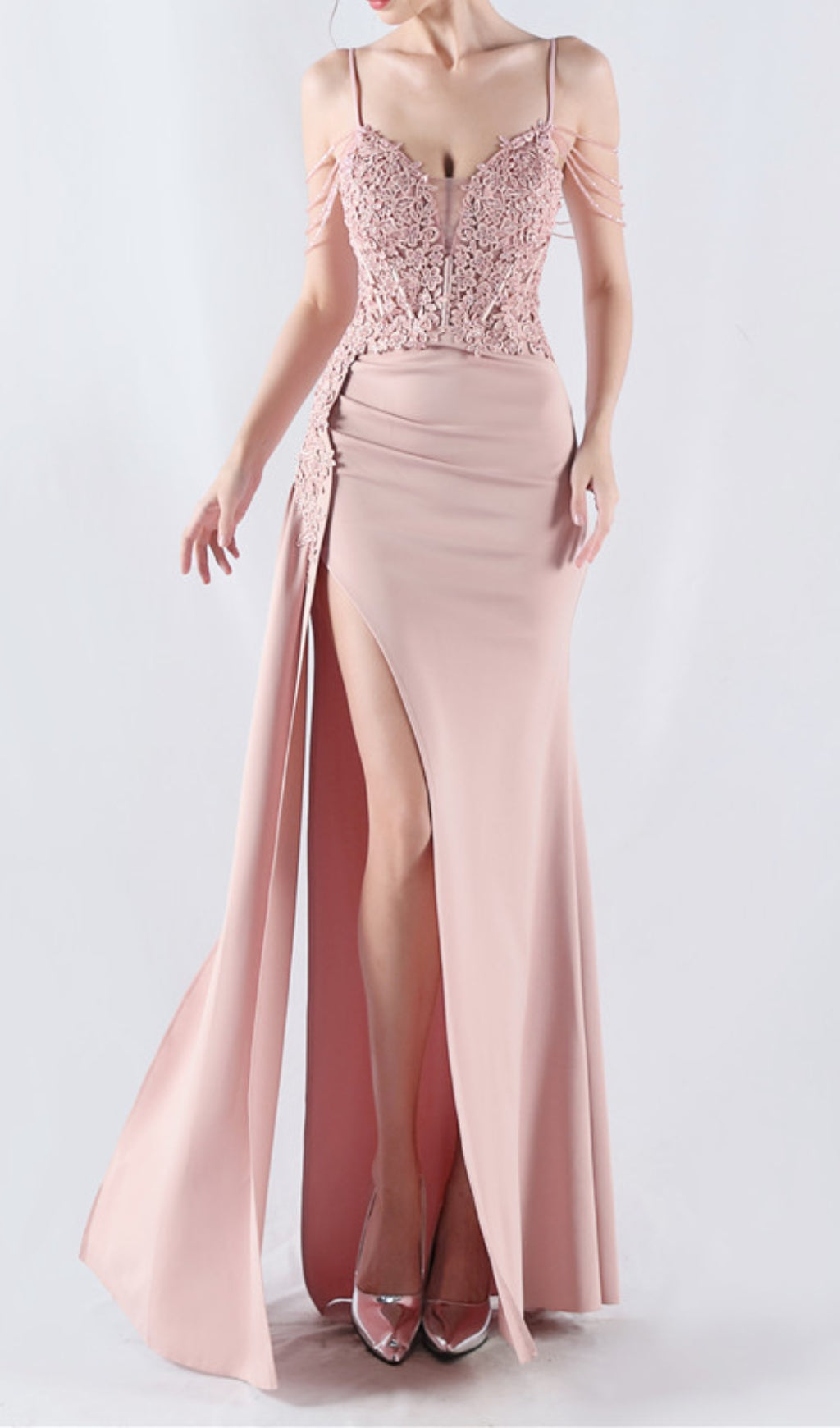 Elegant Blush Pink Beaded Corset Maxi Dress