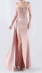 Elegant Blush Pink Beaded Corset Maxi Dress