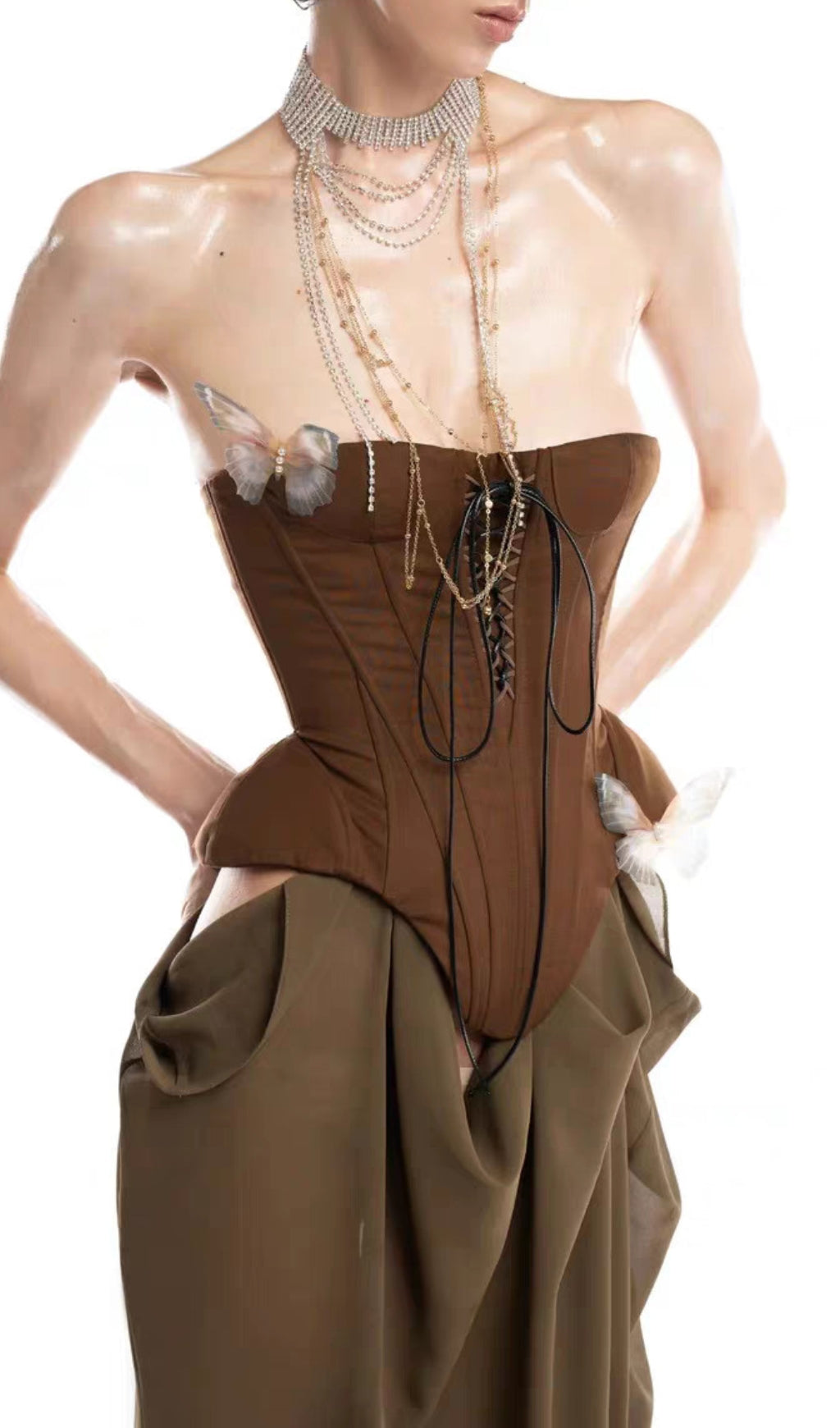 Edna Brown Whimsical Strapless Corset Maxi Dress